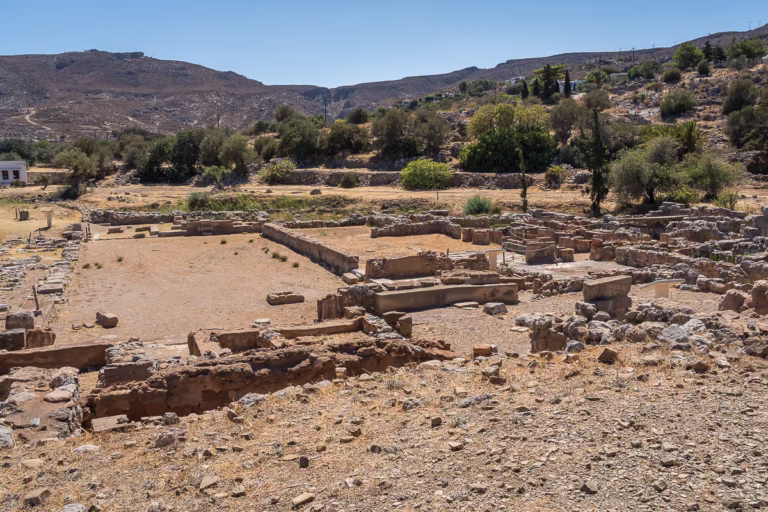 Panoramic view of the central courtyard and the west wing from the minoan town on the slope.